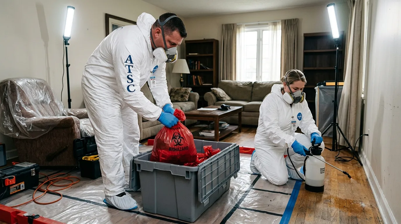 Professional Hoarding Cleanup technician in full PPE working in Sullivan